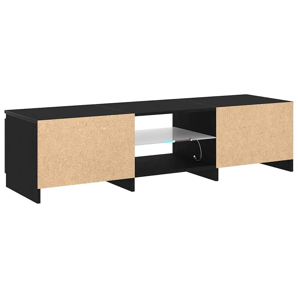 TV Cabinet Black Oak Modern Media Storage Unit with LED Lights and Shelves