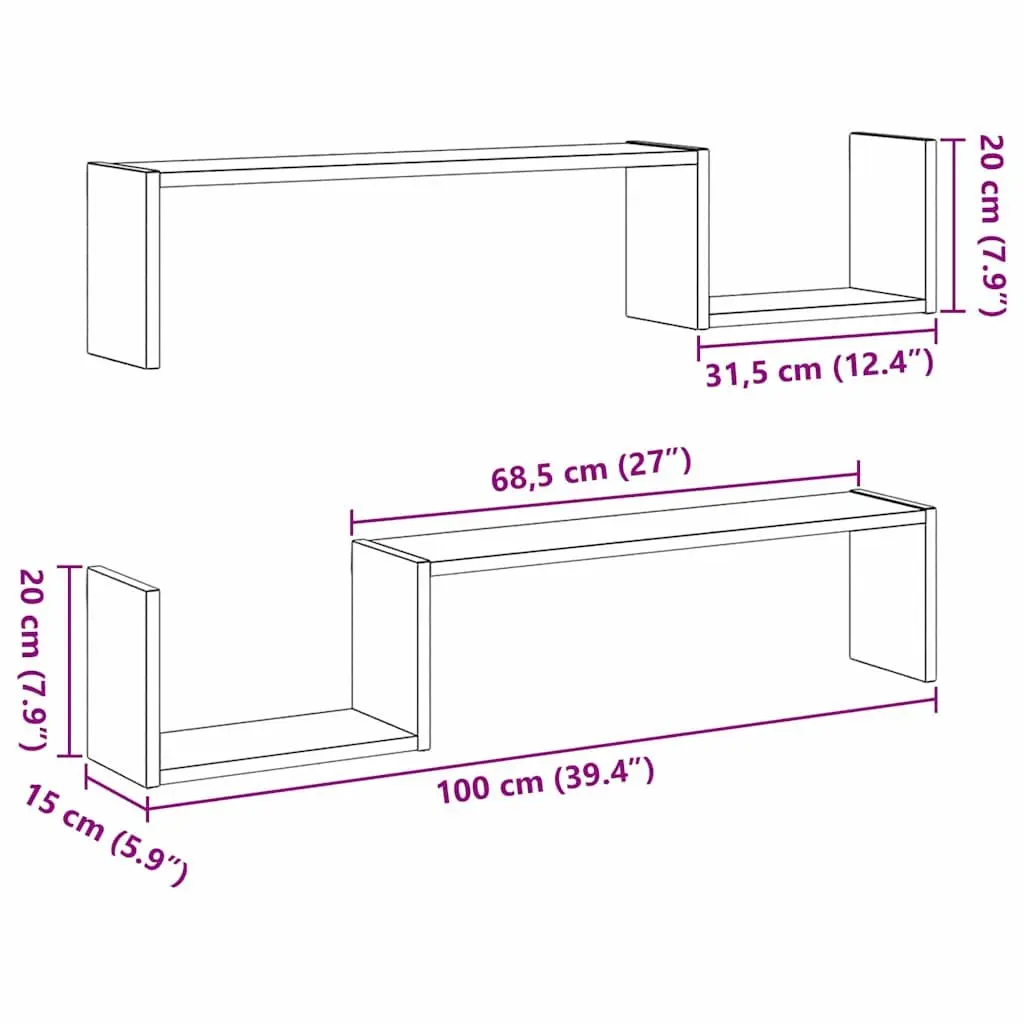 Wall Shelf Set for Living Room Black Oak 100 x 15 x 20 cm Modern Storage Display Shelves 2 Pieces