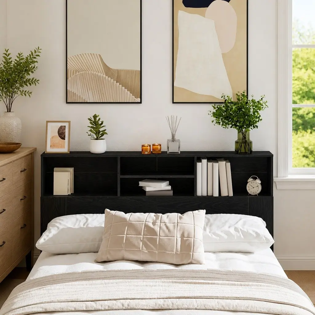 Headboard Cabinet 160cm Black Oak Wall Storage