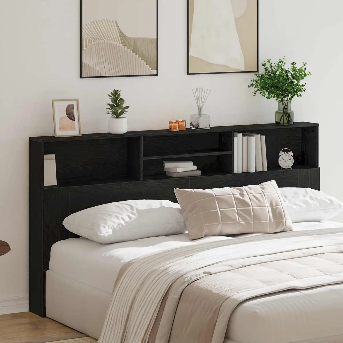 Wall-Mounted Headboard Cabinet Black Oak Modern Bedroom Storage 200 x 19 x 103.5 cm