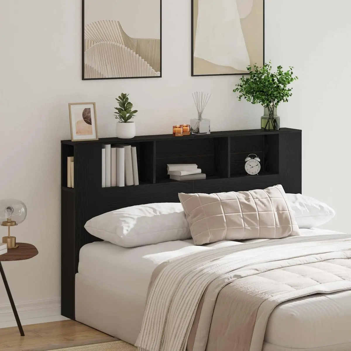 Headboard Cabinet Wall-Mounted Storage Black Engineered Wood Modern Minimalist