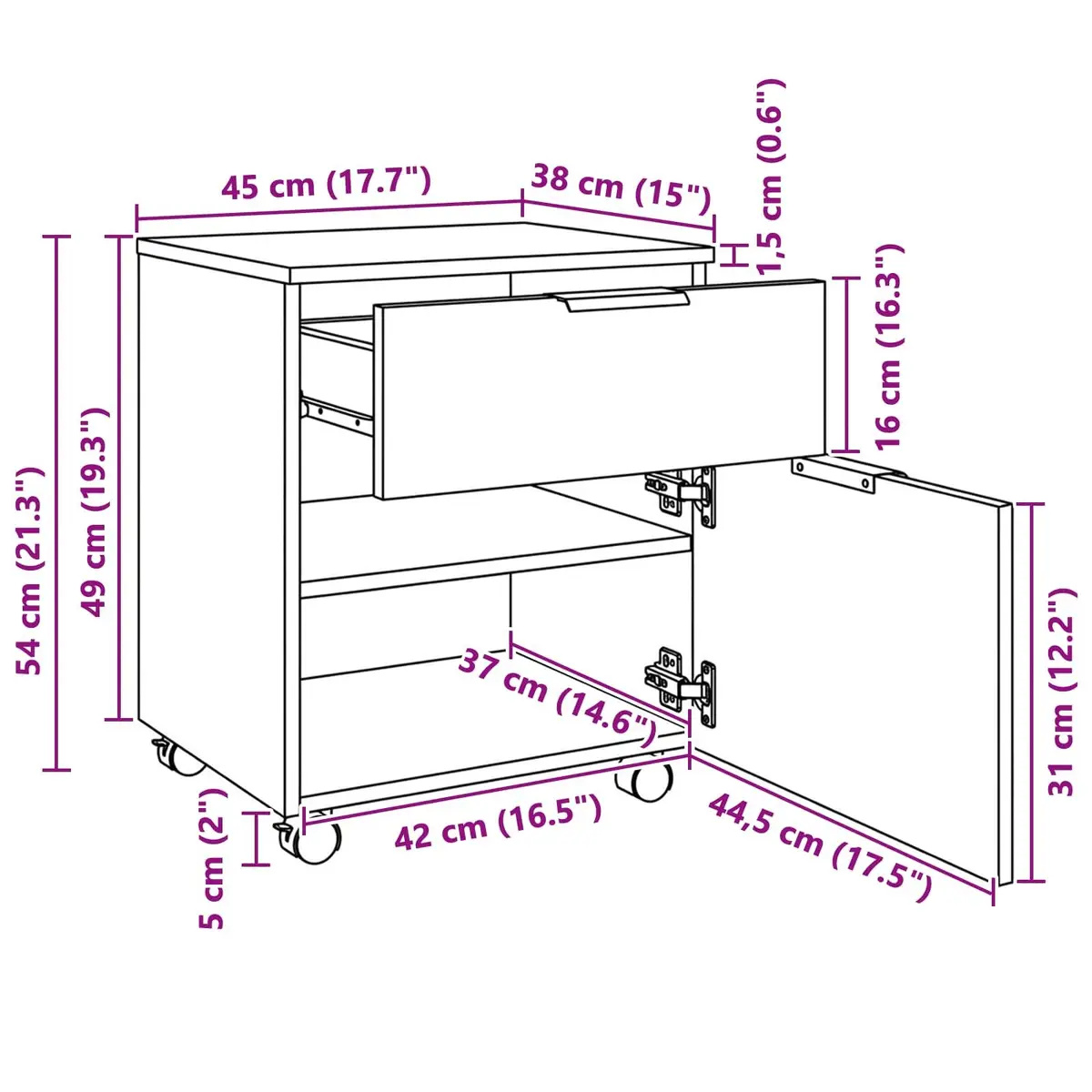 File Cabinet Rolling Storage Black Oak 45x38x54cm Home Office Organiser