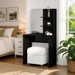 Dimensions-Driven Black Oak Dressing Table with Mirror