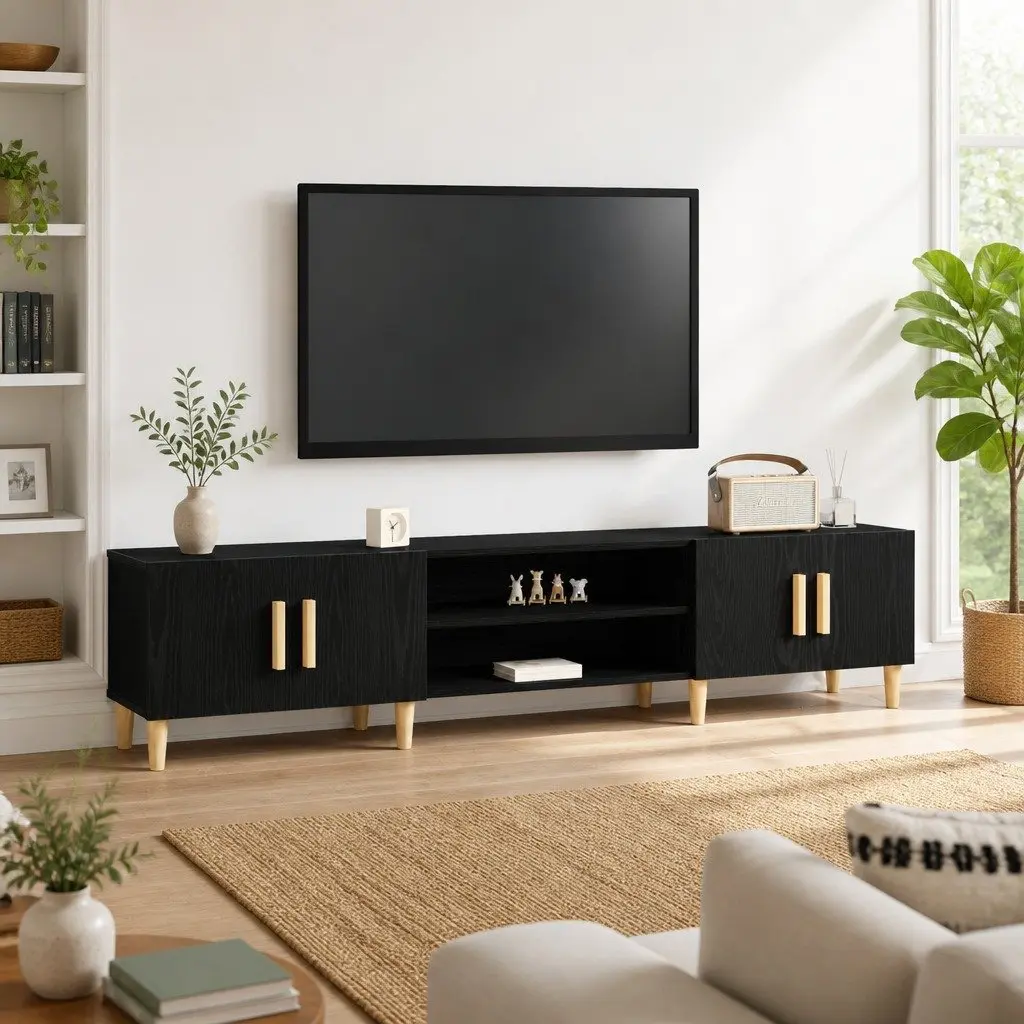TV Cabinet Black Engineered Wood Living Room Storage Unit 180cm