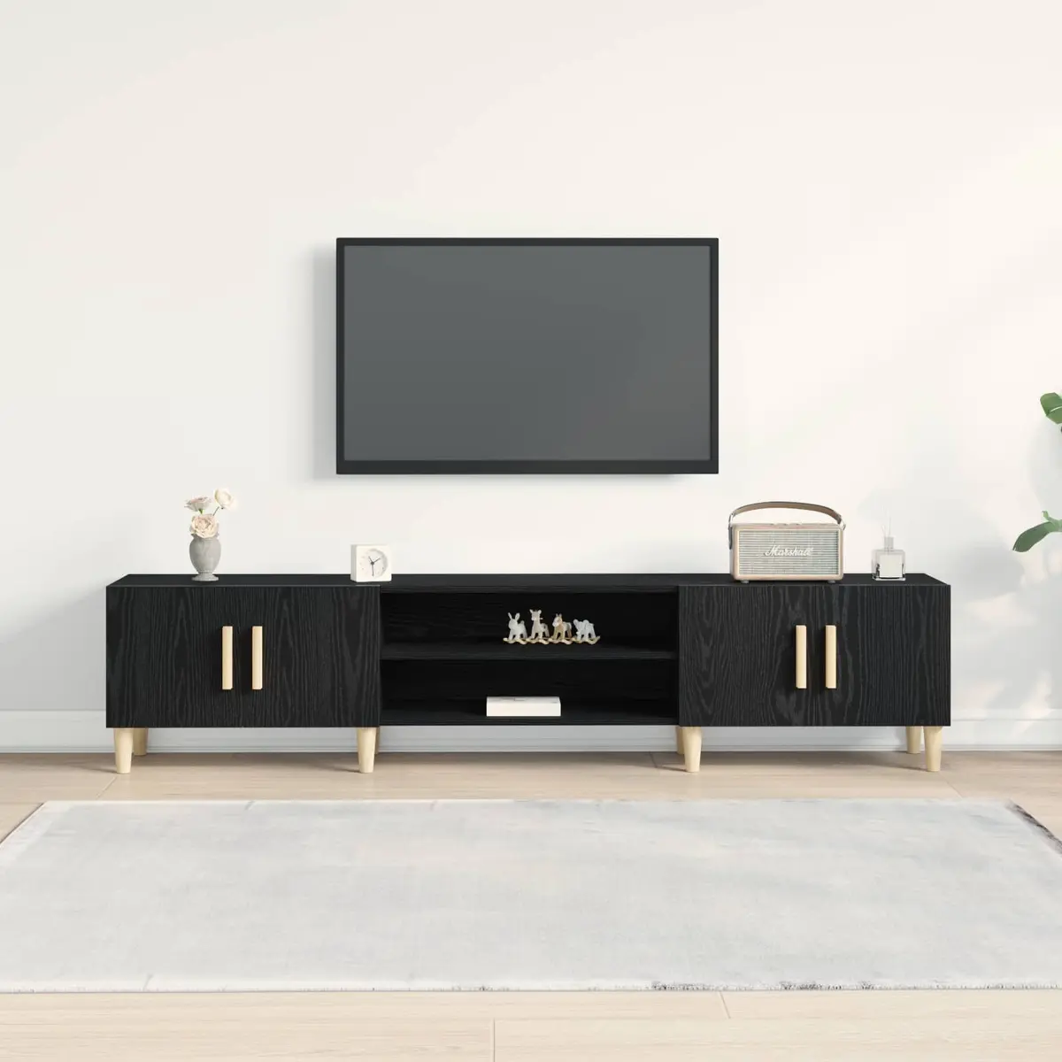 TV Cabinet Black Engineered Wood Living Room Storage Unit 180cm
