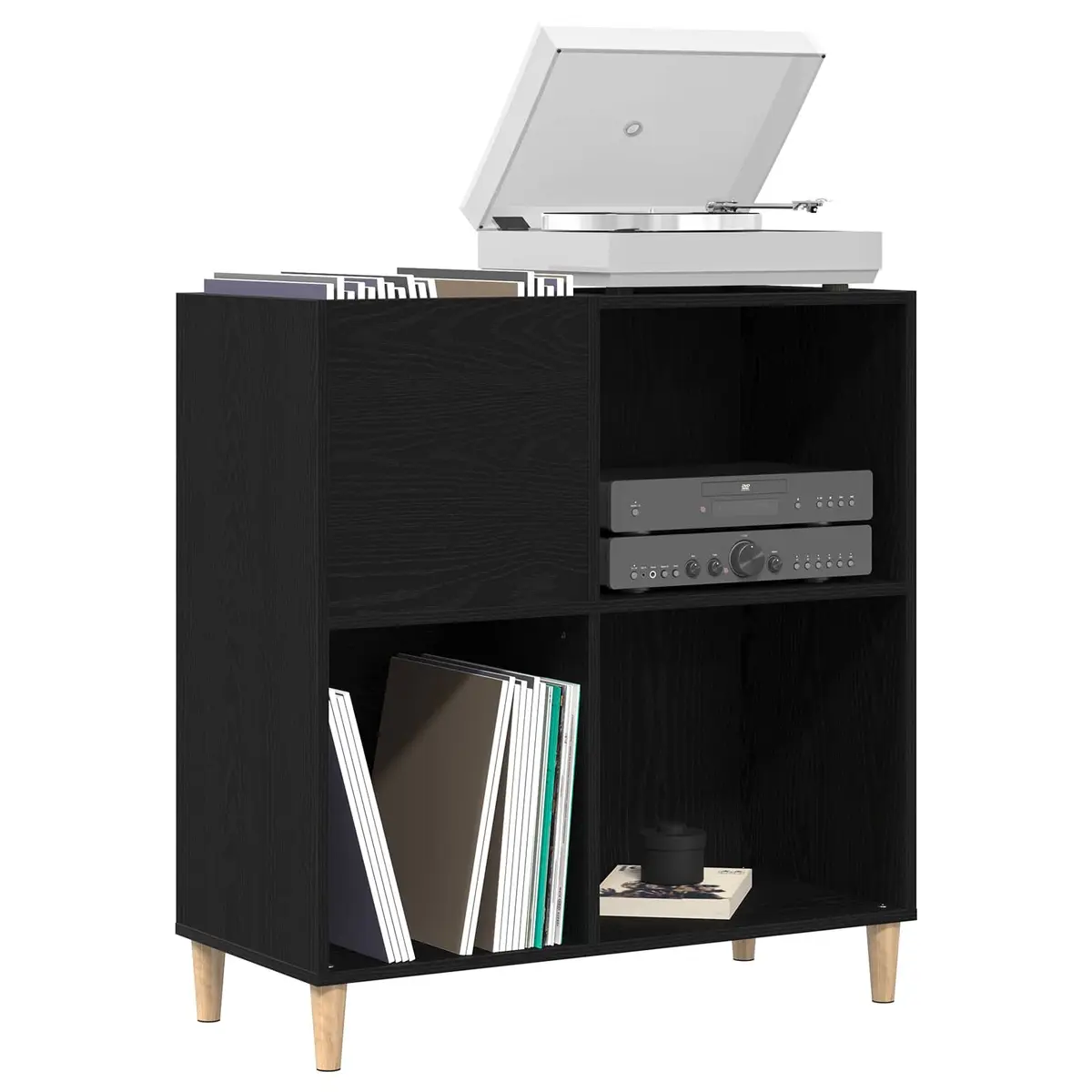 Record Cabinet Storage Unit Black Oak Living Room Furniture Engineered Wood