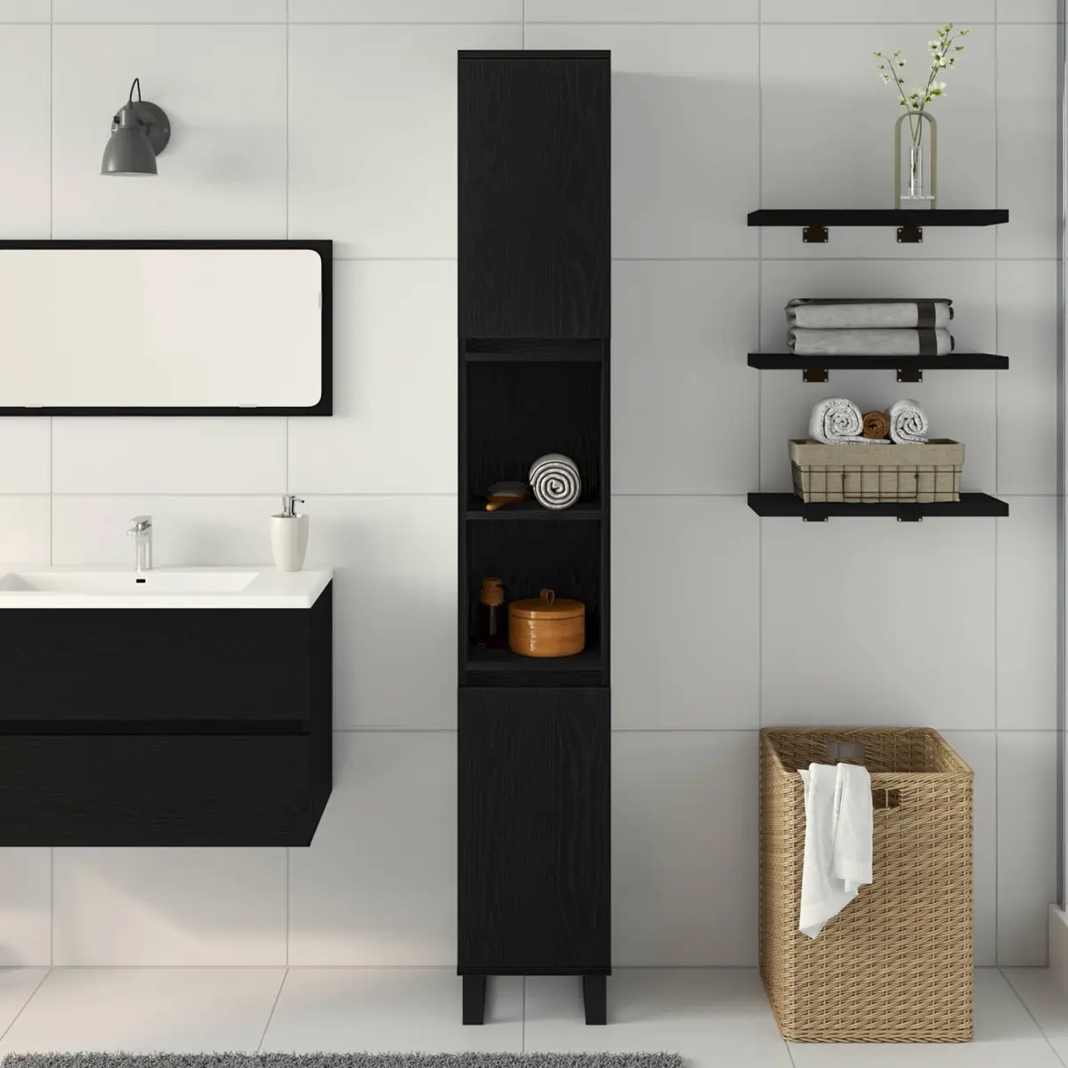 Bathroom Vanity Cabinet Black Engineered Wood Storage Unit 30x30x190cm