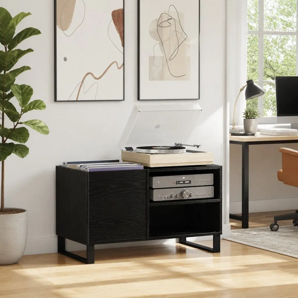 Media Storage Cabinet Black Oak Modern Engineered Wood Office Living Room