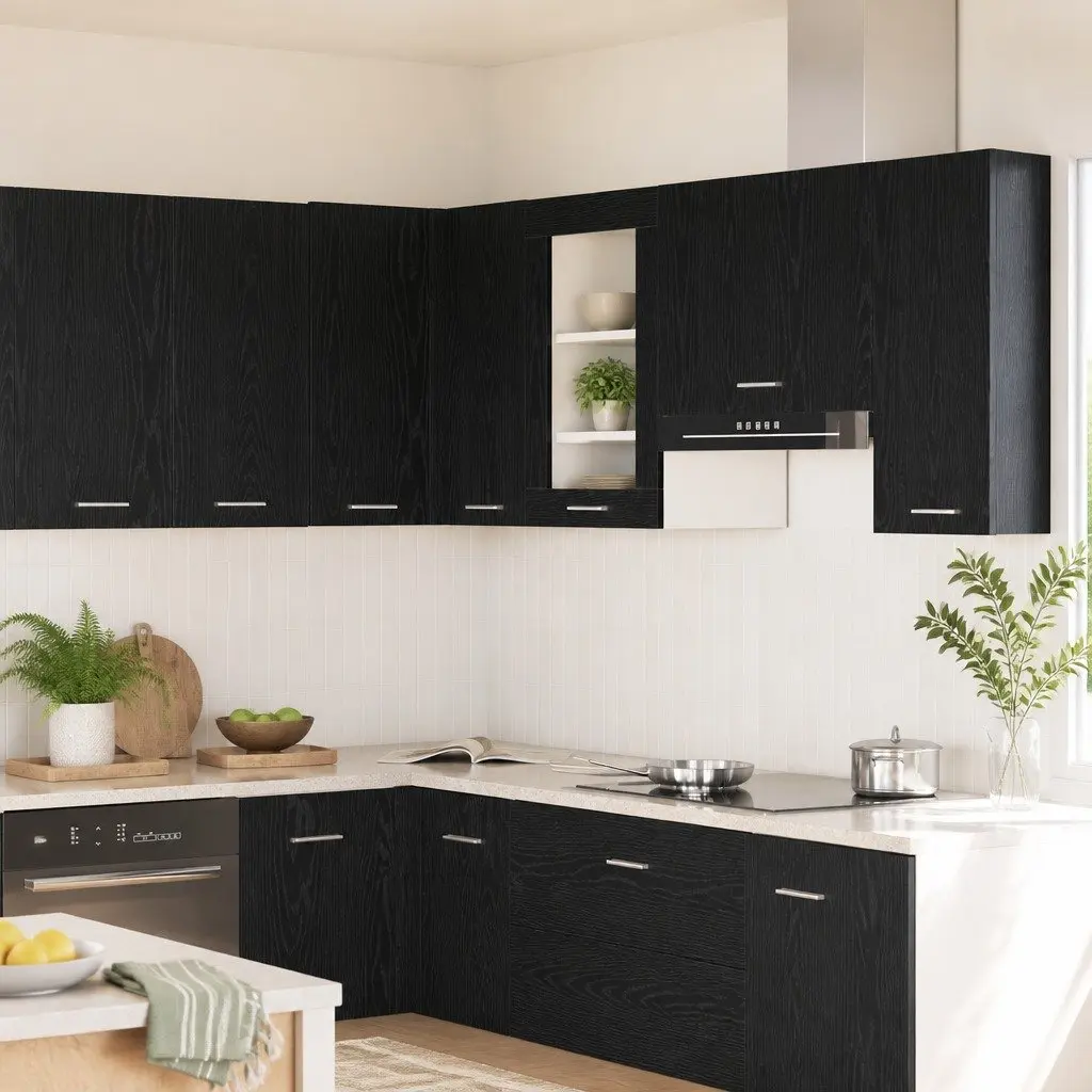 Hanging Glass Cabinet Kitchen Storage Wall-Mounted Black Oak 40x31x60cm