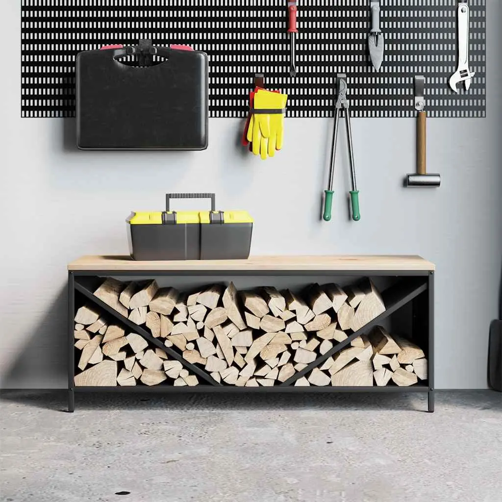 Firewood Rack with Wooden Top Black Steel Log Storage Holder 100.5x35.5x40cm