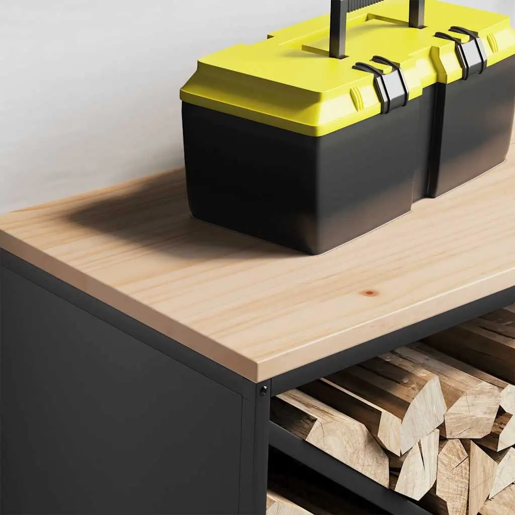 Firewood Rack with Wooden Top Black Steel Log Storage Holder 100.5x35.5x40cm