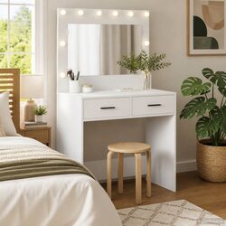Detailed Specs of a White Dressing Table with LED Light Mirror