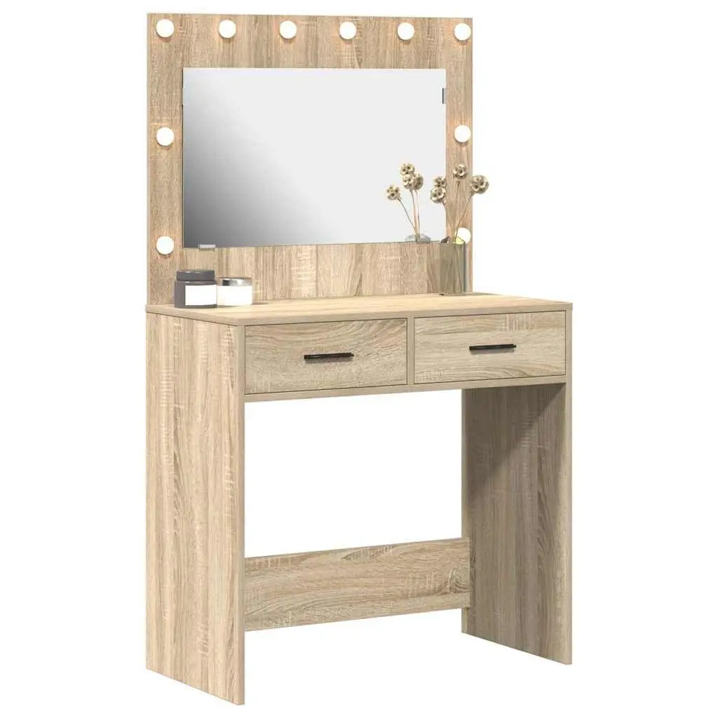 Dressing Table Brown Engineered Wood Bedroom Vanity Mirror LED Lights Storage