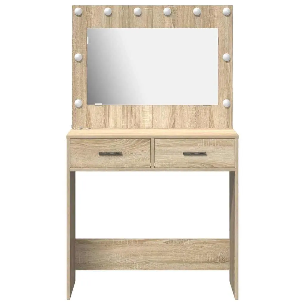 Dressing Table Brown Engineered Wood Bedroom Vanity Mirror LED Lights Storage
