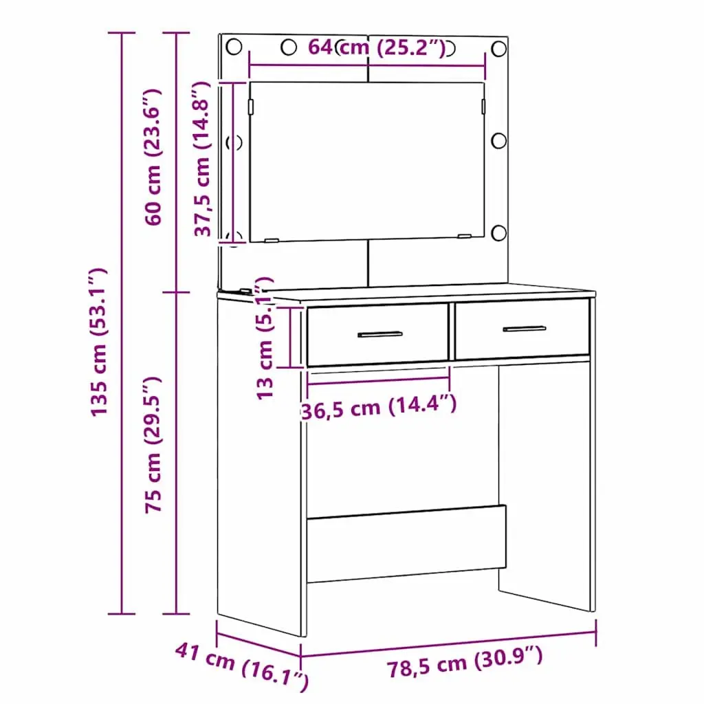 Dressing Table Bedroom Vanity Mirror LED Lights Storage Drawers Brown