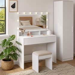 Dressing Table with Integrated Mirror and LED Lights - 100x41x135cm