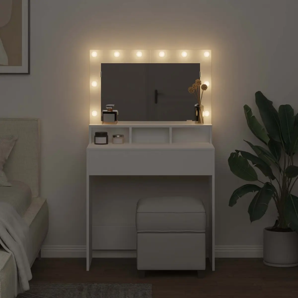 Dressing Table White 78.5 x 41 x 135 cm Bedroom Vanity Mirror LED Lights Storage