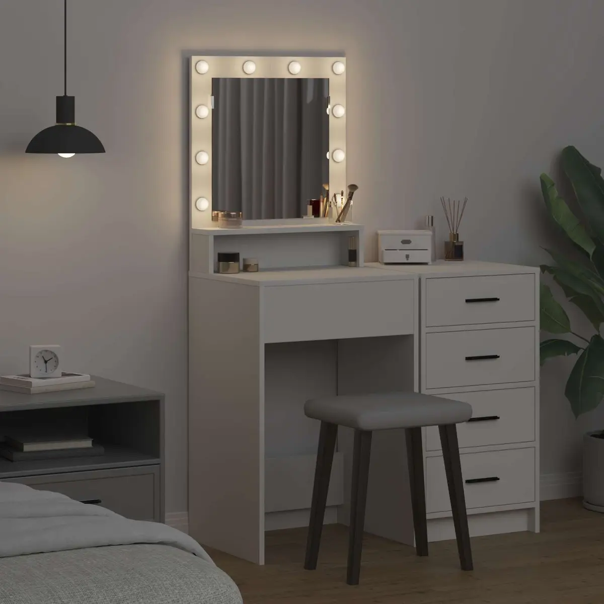 Dressing Table White Bedroom Vanity with Integrated Mirror and LED Lights Engineered Wood
