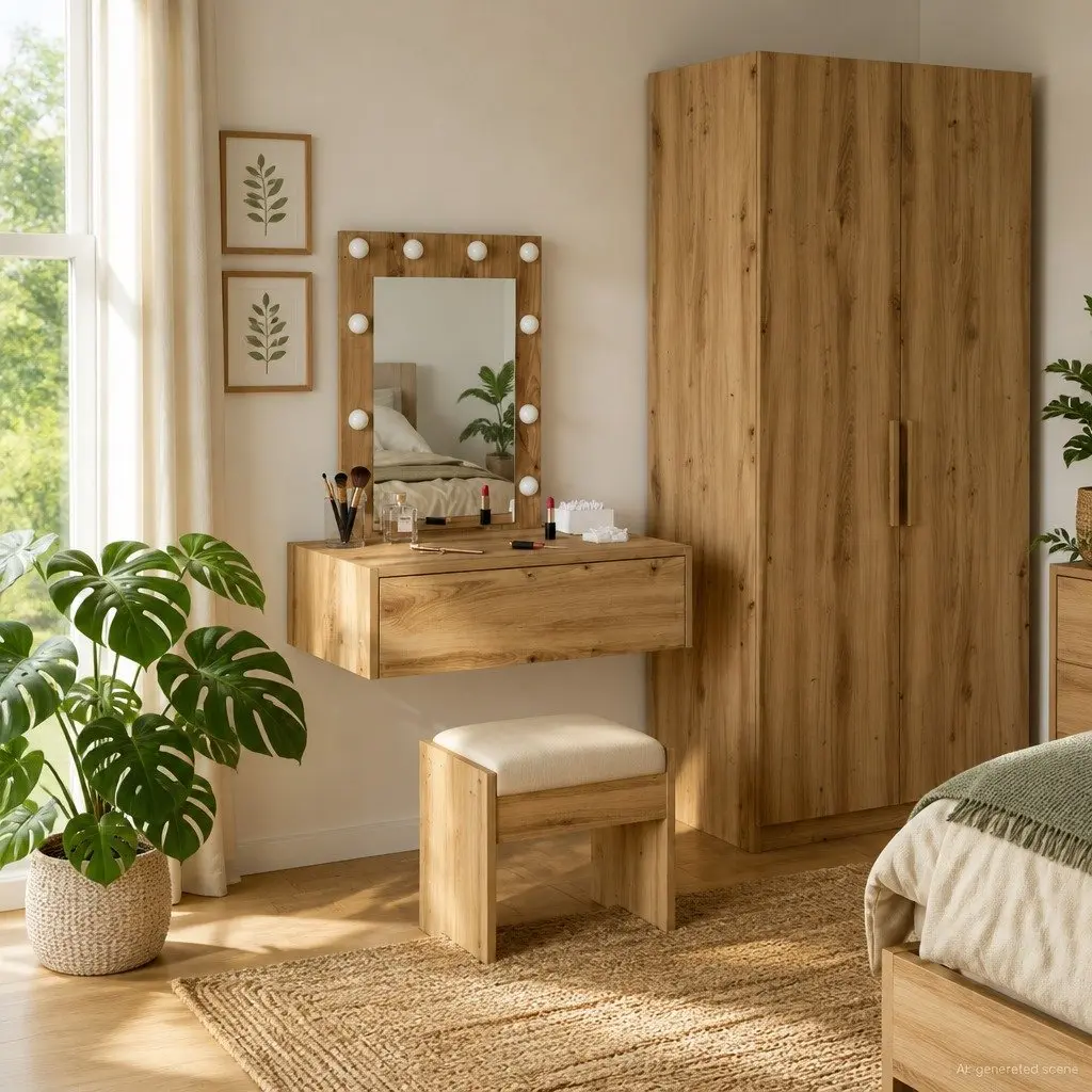 Dressing Table Brown Bedroom Vanity Storage Engineered Wood Modern Minimalist