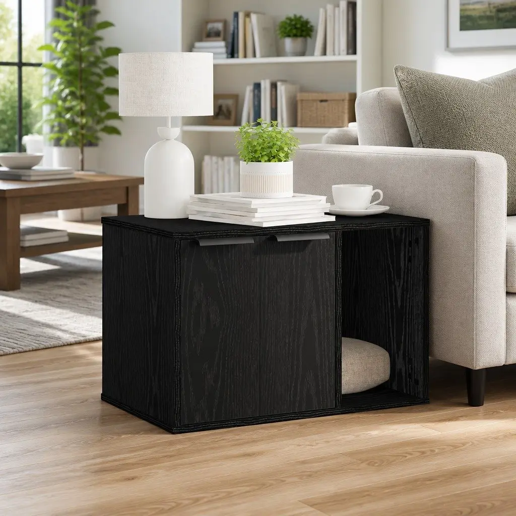 Cat Litter Box Enclosure Furniture Hidden Design Black Oak 60x40x40cm Cabinet