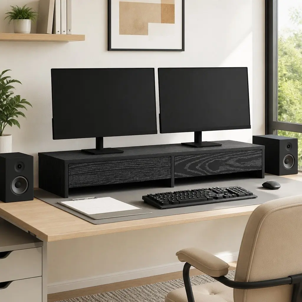 Monitor Stand for Office 100x27x15cm Black Oak Engineered Wood with 2 Drawers
