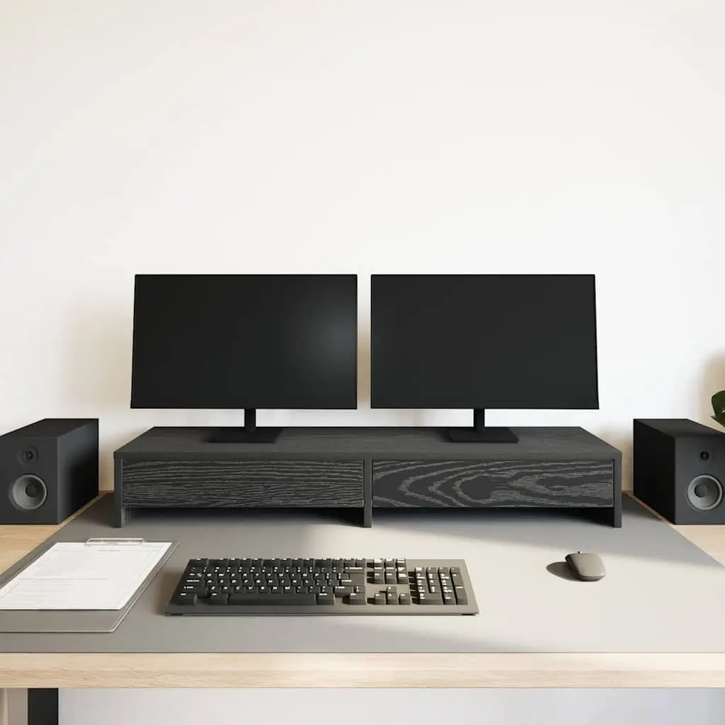 Monitor Stand for Office 100x27x15cm Black Oak Engineered Wood with 2 Drawers