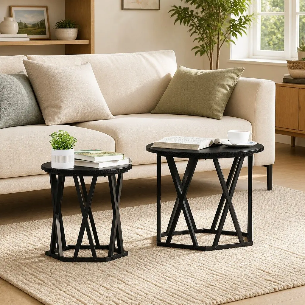 Round Black Side Table Set of 2