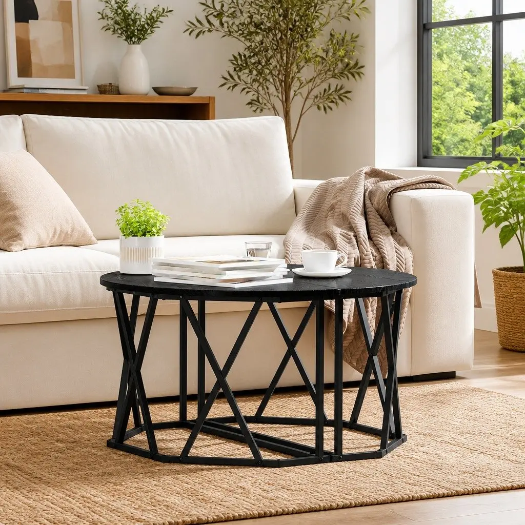 Round Black Coffee Table 80x80x42cm with Engineered Wood