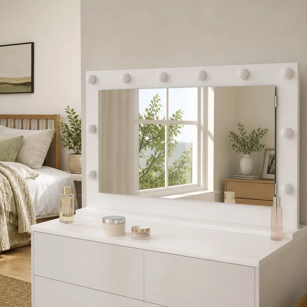 LED Vanity Mirror White Bedroom Dressing Table Wall Mount Glass Engineered Wood