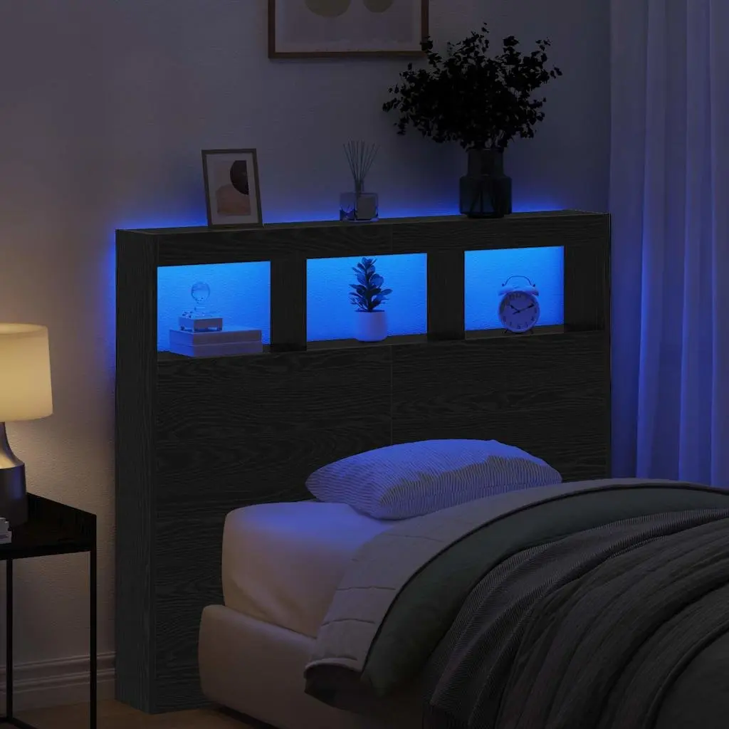 Headboard Bedroom Black Oak Engineered Wood with LED Light USB 120cm