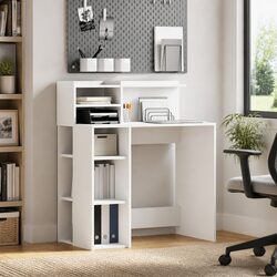 Office Desk with Shelf - 90 x 48 x 101.5 cm White Engineered Wood