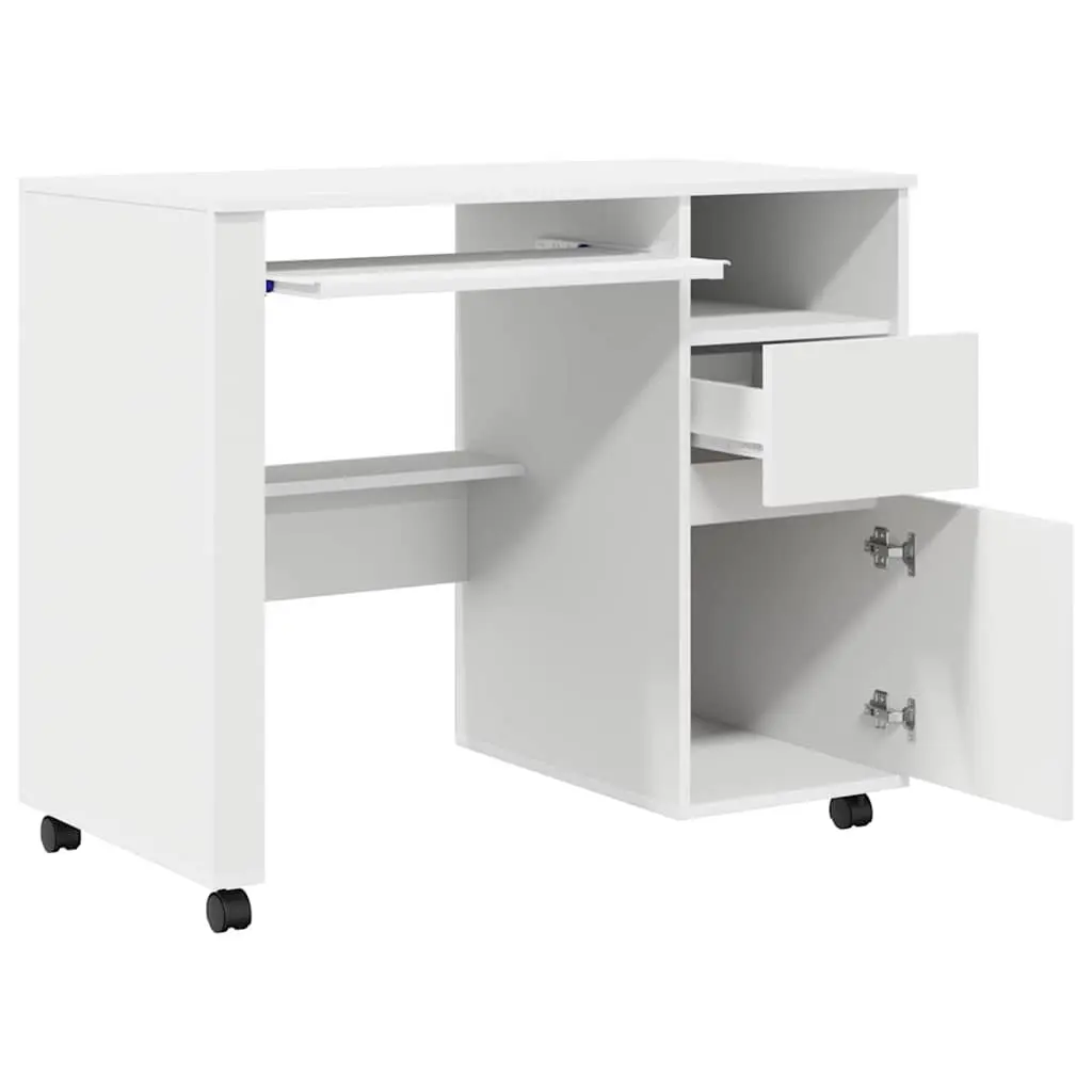 White Computer Desk with Wheels Mobile Office Workstation Home Study Table