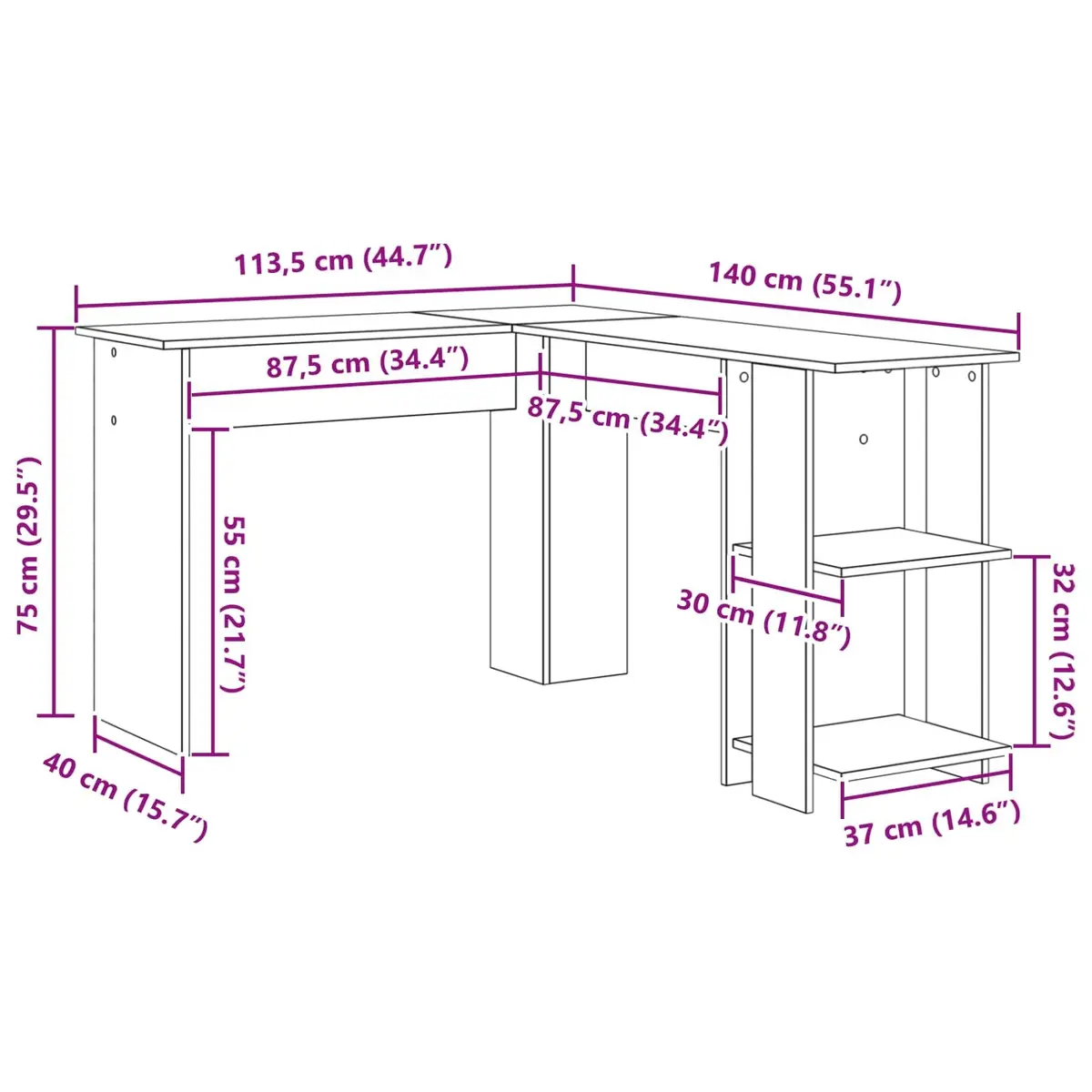 Corner Desk Home Office 140 x 113.5 x 75 cm White Engineered Wood Workstation