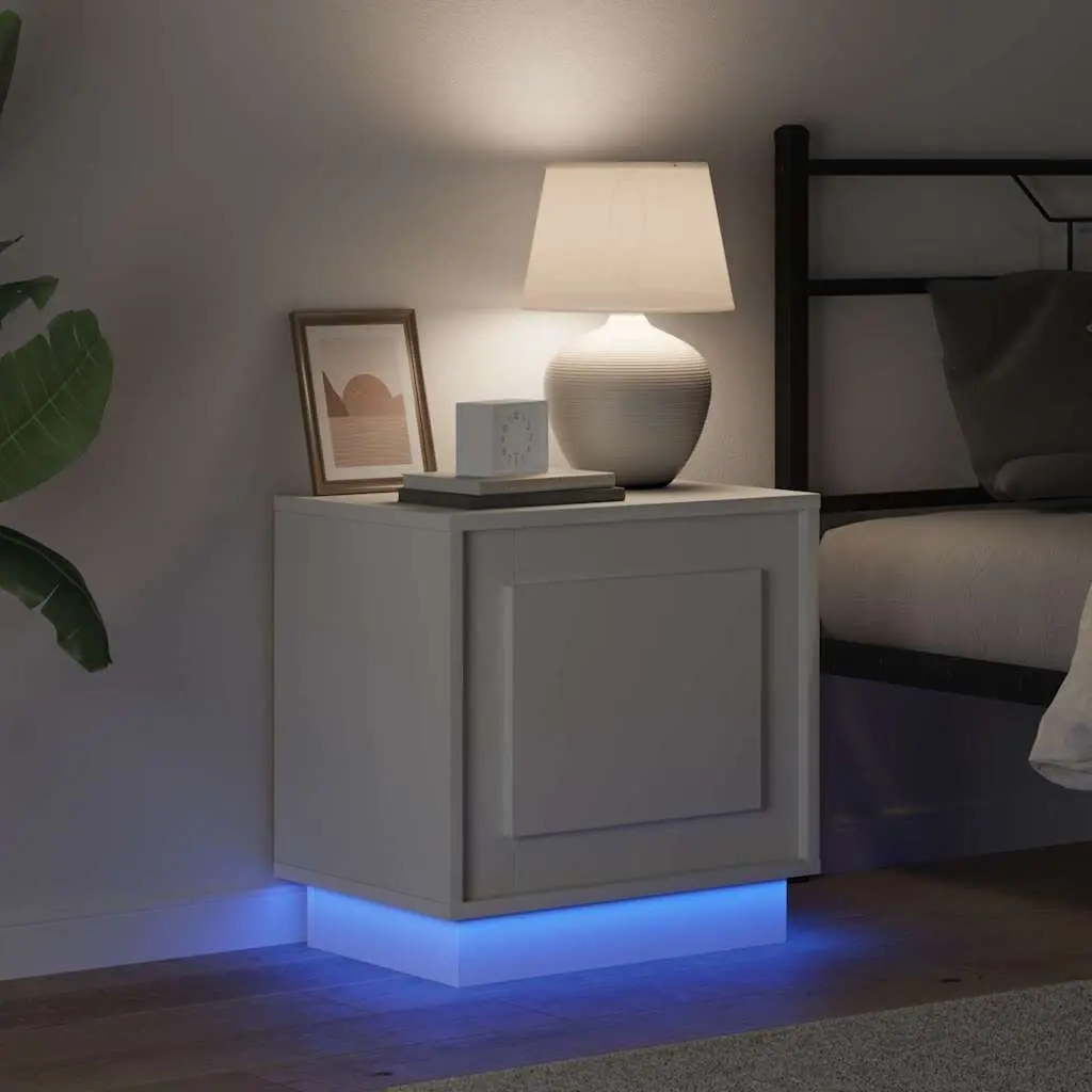 Bedside Table Bedroom White Modern Rustic Nightstand LED USB Charging Compact Size
