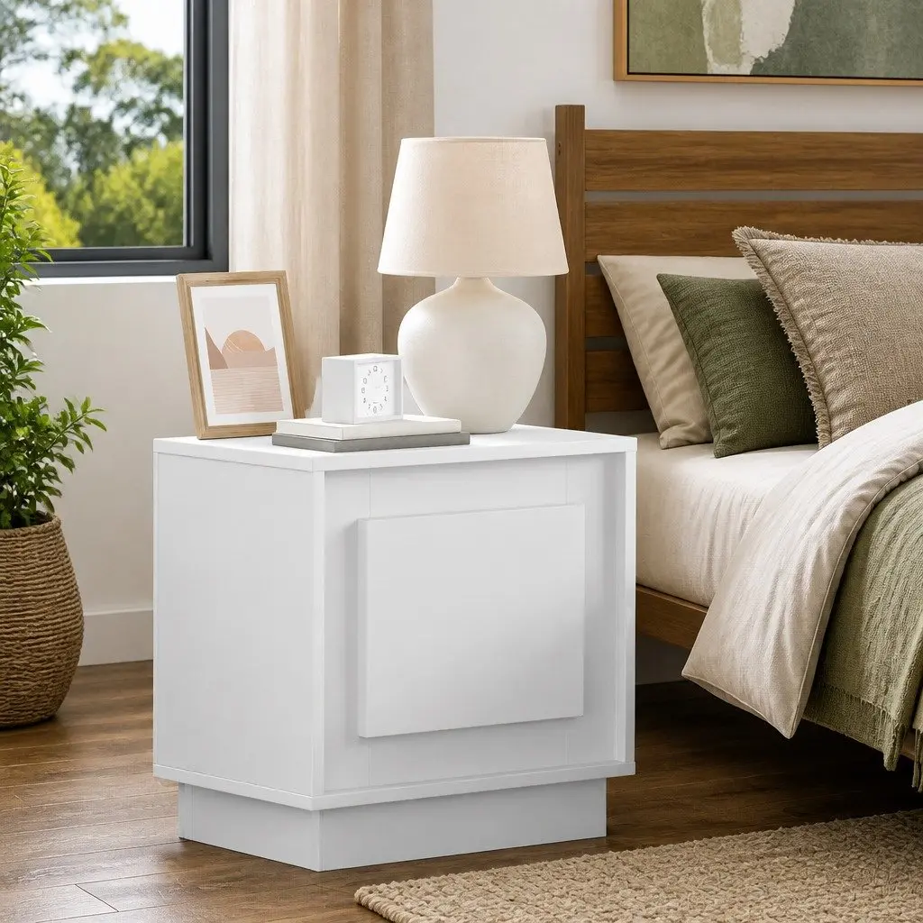 Bedside Table Set of 2 White Engineered Wood Nightstand with LED USB Storage for Bedroom