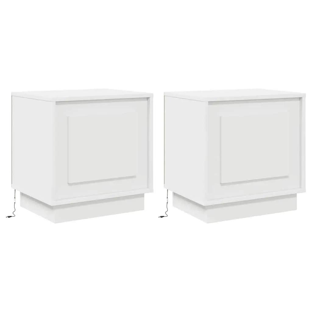 Bedside Table Set of 2 White Engineered Wood Nightstand with LED USB Storage for Bedroom
