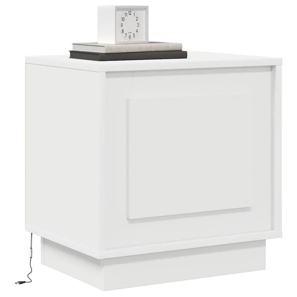 Bedside Table Set of 2 White Engineered Wood Nightstand with LED USB Storage for Bedroom
