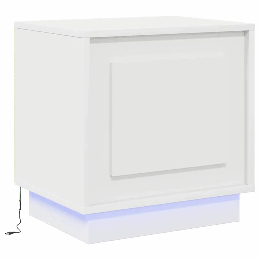 Bedside Table Set of 2 White Engineered Wood Nightstand with LED USB Storage for Bedroom