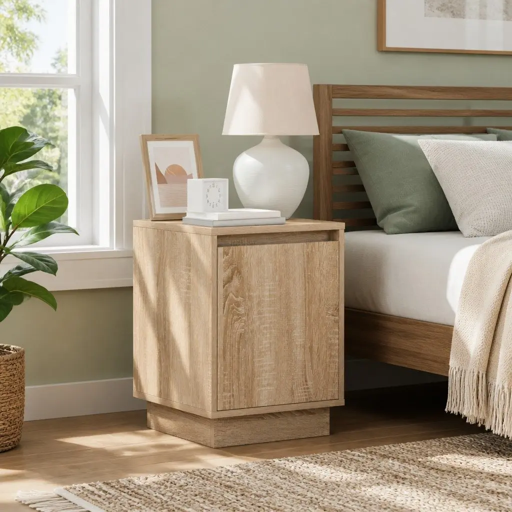 Bedside Cabinet 2 Piece Brown Modern Bedroom Storage Hinge Door USB LED Light