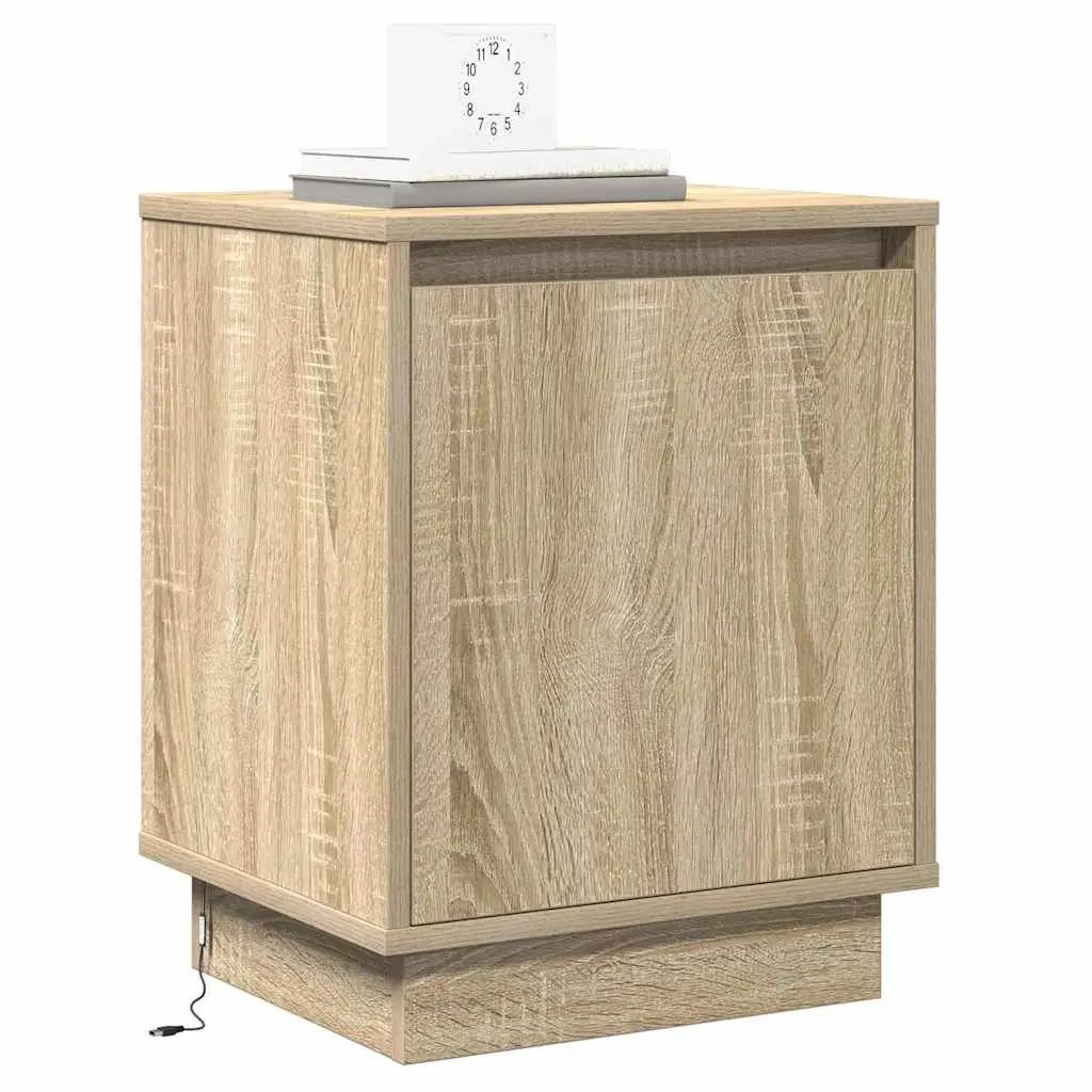 Bedside Cabinet 2 Piece Brown Modern Bedroom Storage Hinge Door USB LED Light