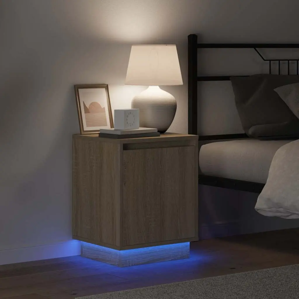 Bedside Cabinet 2 Piece Brown Modern Bedroom Storage Hinge Door USB LED Light