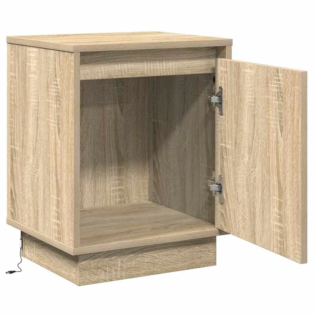 Bedside Cabinet 2 Piece Brown Modern Bedroom Storage Hinge Door USB LED Light
