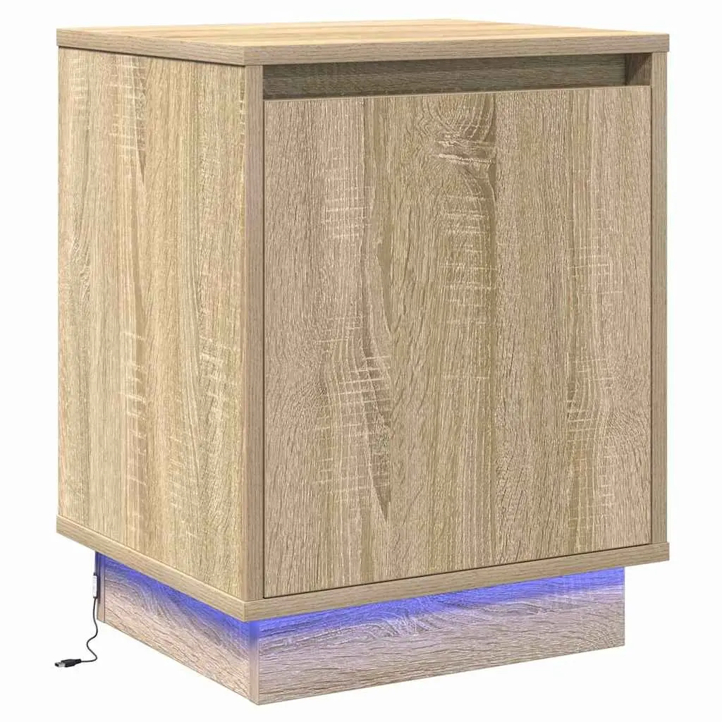 Bedside Cabinet 2 Piece Brown Modern Bedroom Storage Hinge Door USB LED Light