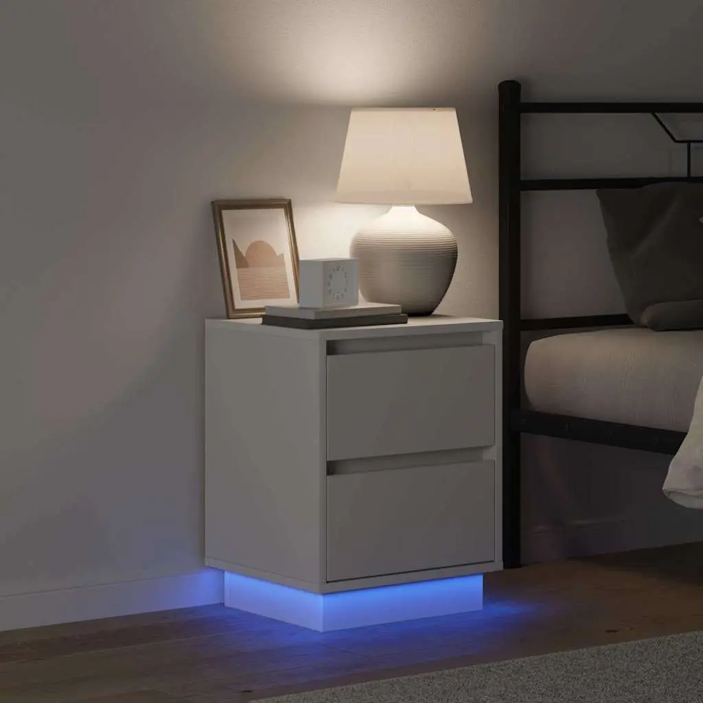 Bedside Cabinet Set for Bedroom 2 Piece White Nightstand with LED String Lights