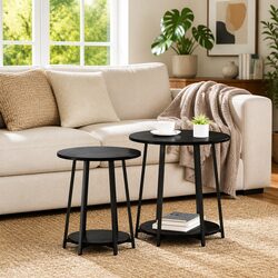 Side Table Set with Shelf 2 Pieces Black Modern Industrial Round Accent End