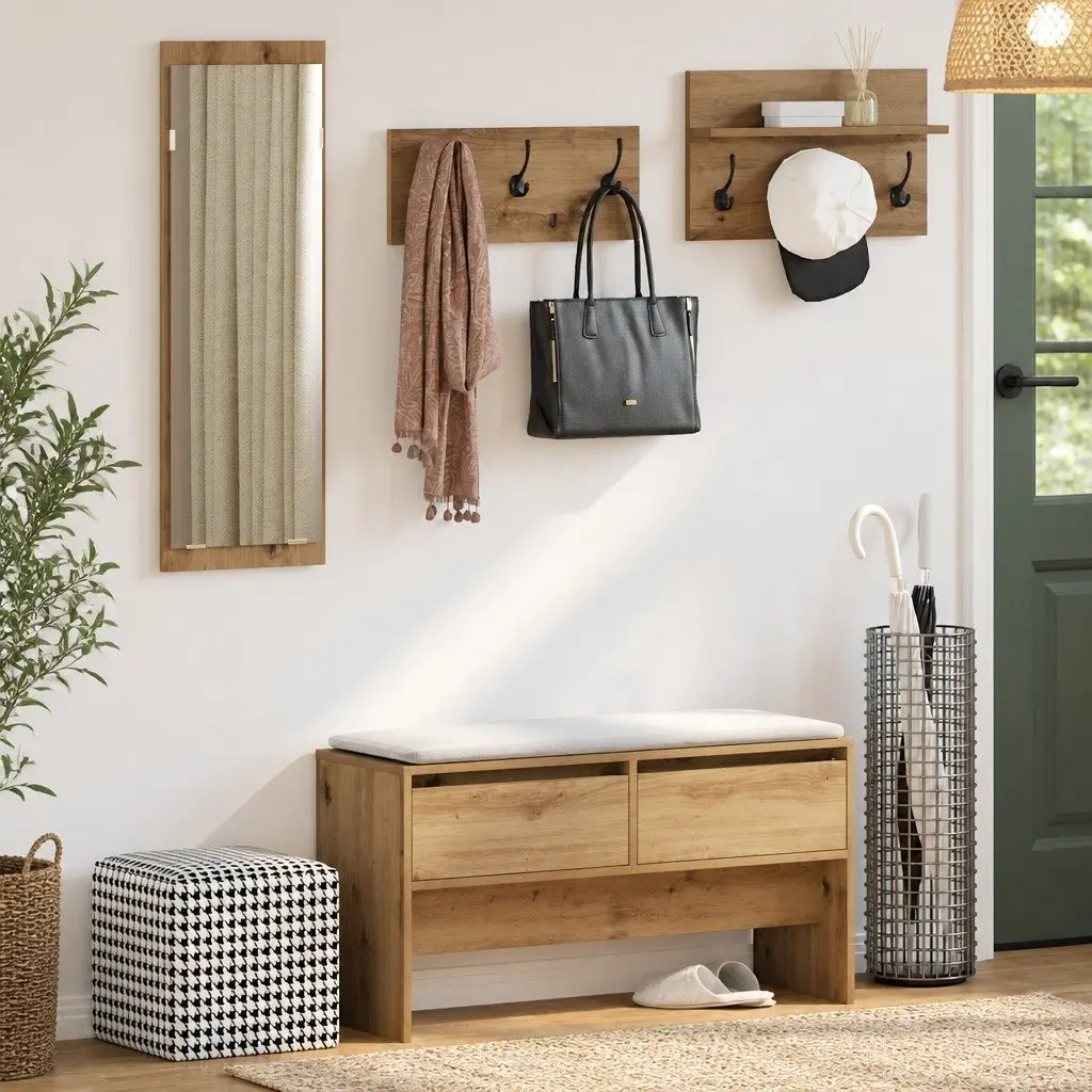 Hallway Storage Bench Set with Acrylic Mirror & Coat Racks