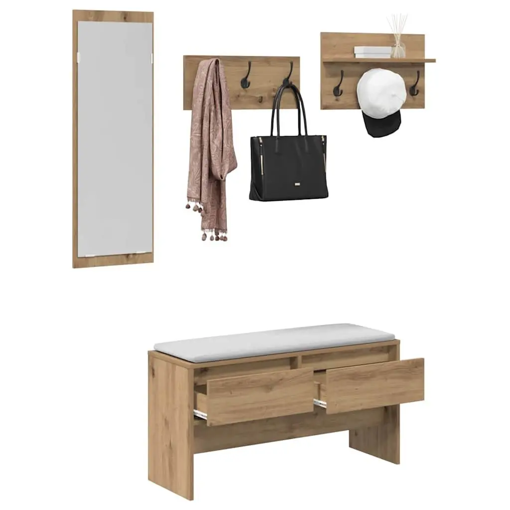 Hallway Storage Bench Set with Acrylic Mirror & Coat Racks