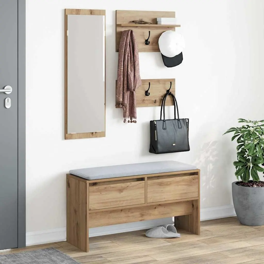 Hallway Storage Bench Set with Acrylic Mirror & Coat Racks