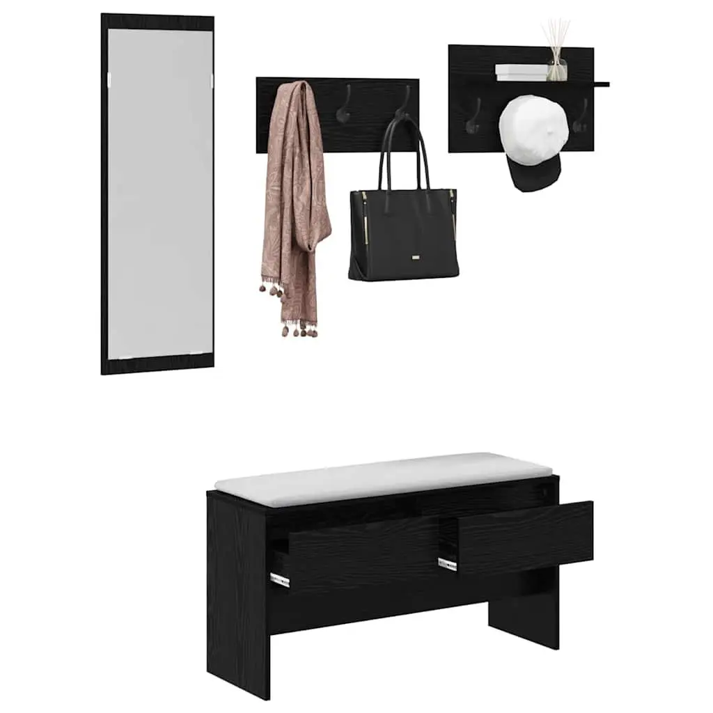Hallway Furniture Set Entryway 4 Piece Storage Bench Mirror Coat Racks Black Oak