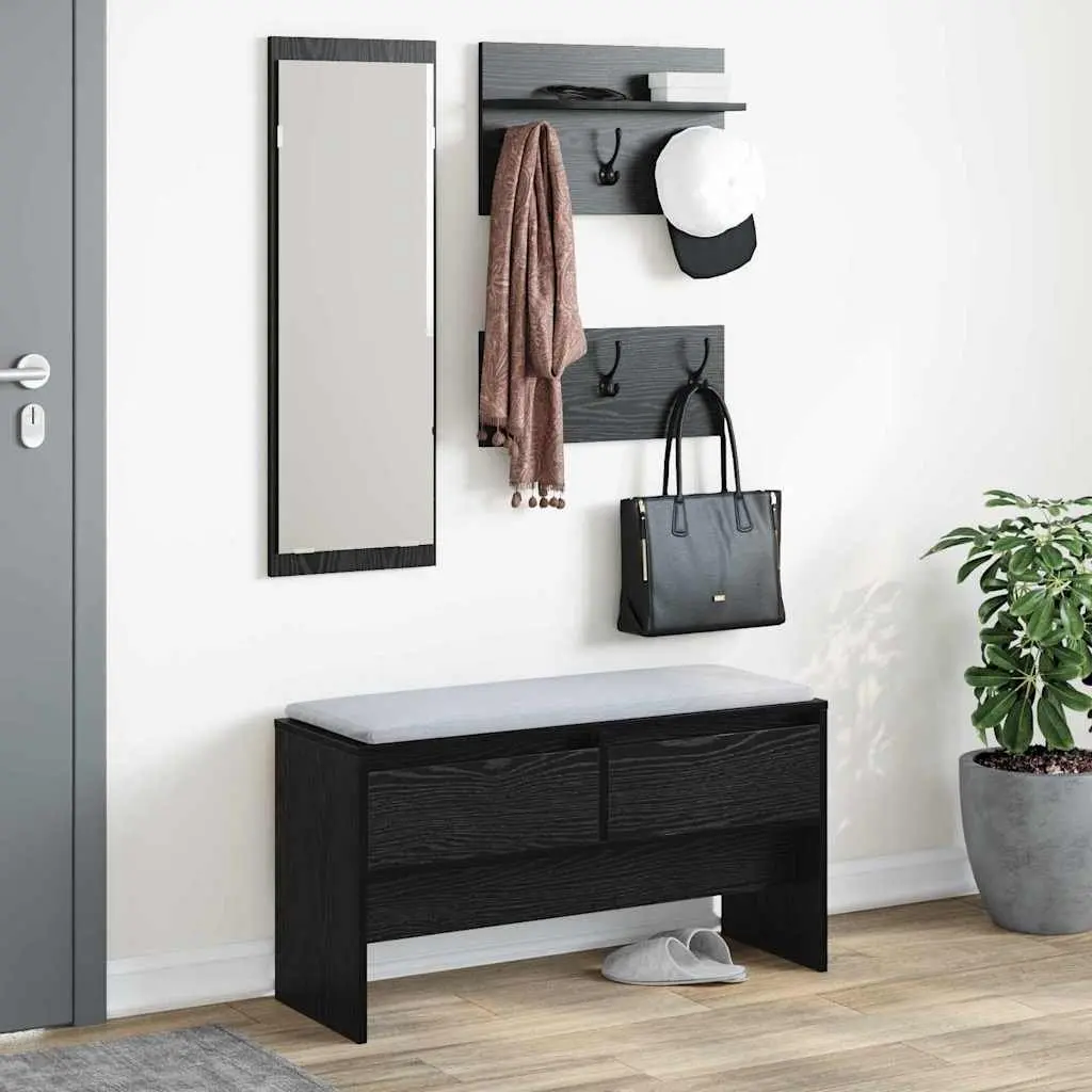 Hallway Furniture Set Entryway 4 Piece Storage Bench Mirror Coat Racks Black Oak